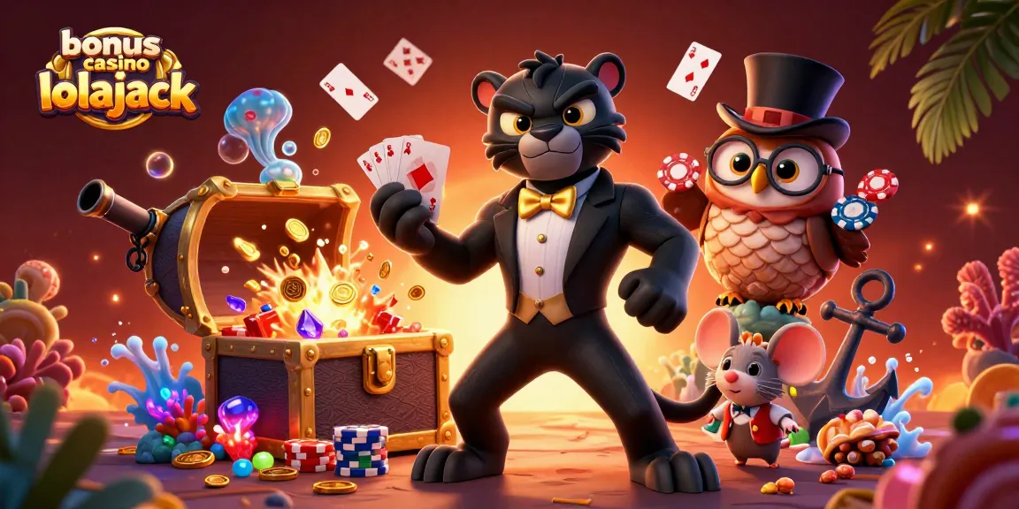 Jouer avec le bonus de casino lolajack dans une illustration colorée de jeux de cartes et de trésors sous-marins.
