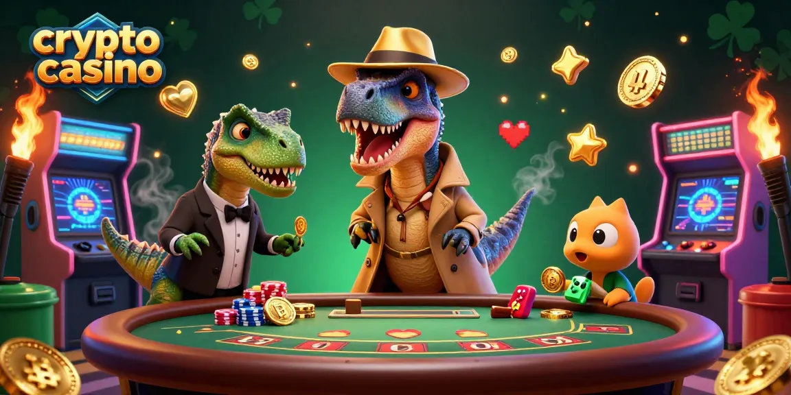 Casino crypto dynamique avec un velociraptor jouant et un voleur de jetons, ambiance immersive et animation colorée.