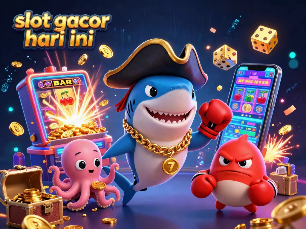 Spin for big wins with slot gacor hari ini as a shark pirate and friends enjoy a jackpot explosion!