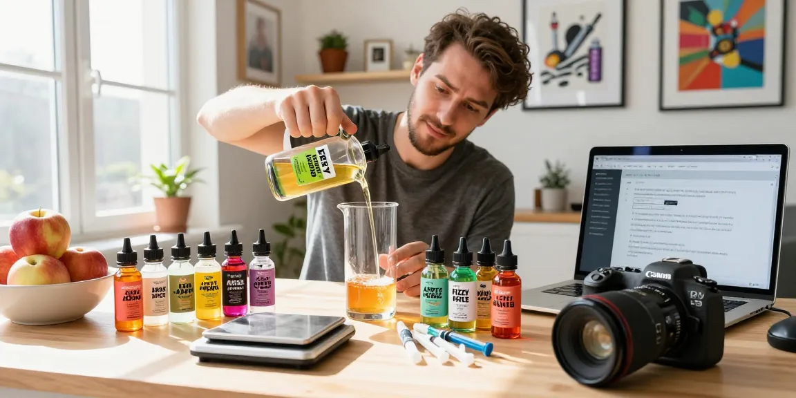 Mixing Fizzy Apple Flavour Concentrate by Fizziology in a bright workspace, surrounded by colorful e-liquid tools.