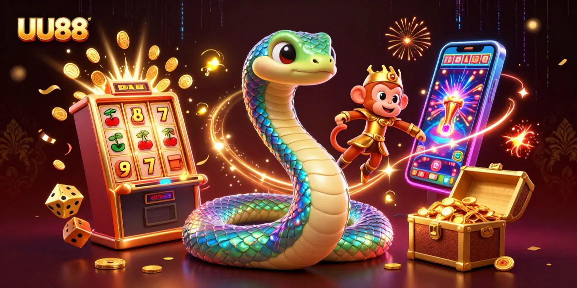 UU88 showcases vibrant gameplay with an iridescent serpent and monkey king amidst a jackpot scene.