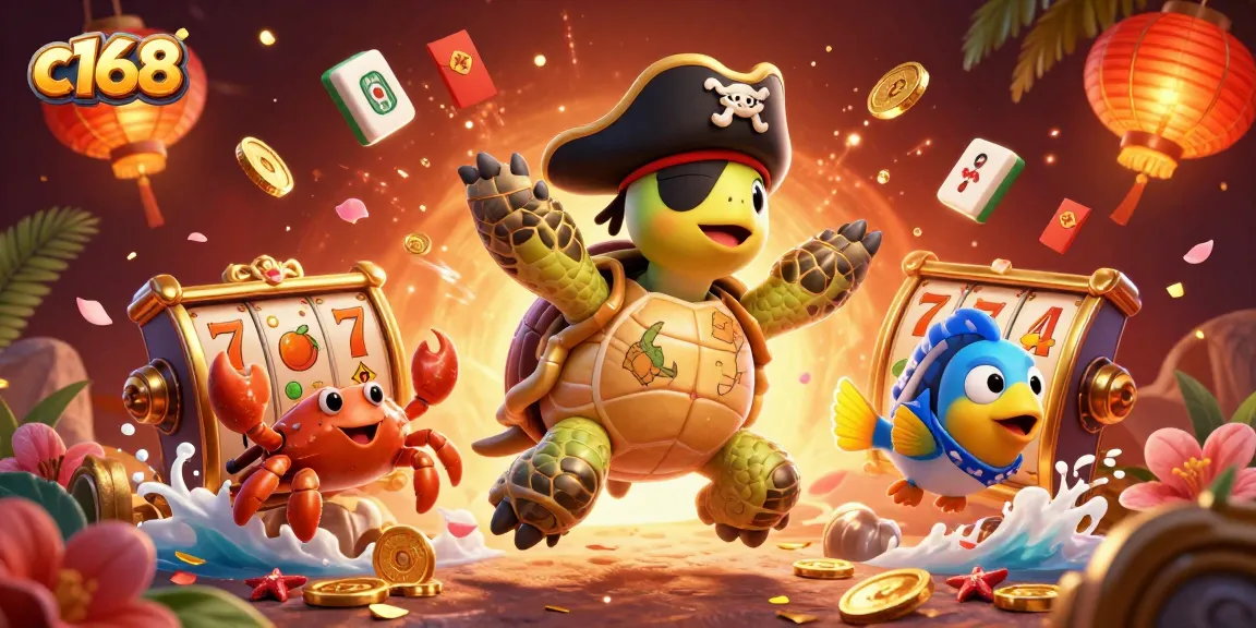 Engage with the thrilling world of c168, where a pirate turtle and friends celebrate jackpot wins amidst exciting casino elements.
