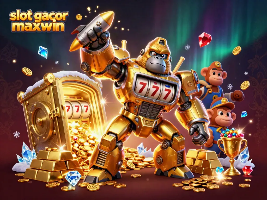 Engage with the excitement of slot gacor maxwin as colorful coins burst from a golden gorilla mech surrounded by treasure.