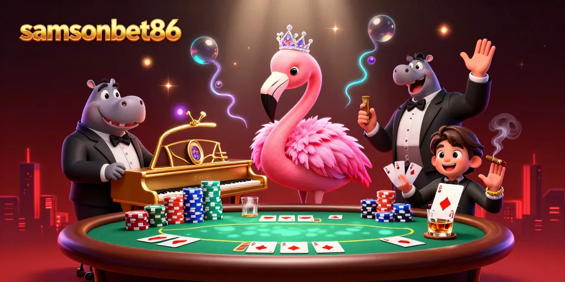 Engage with samsonbet86's thrilling poker scene featuring glamorous characters and vibrant casino elements.