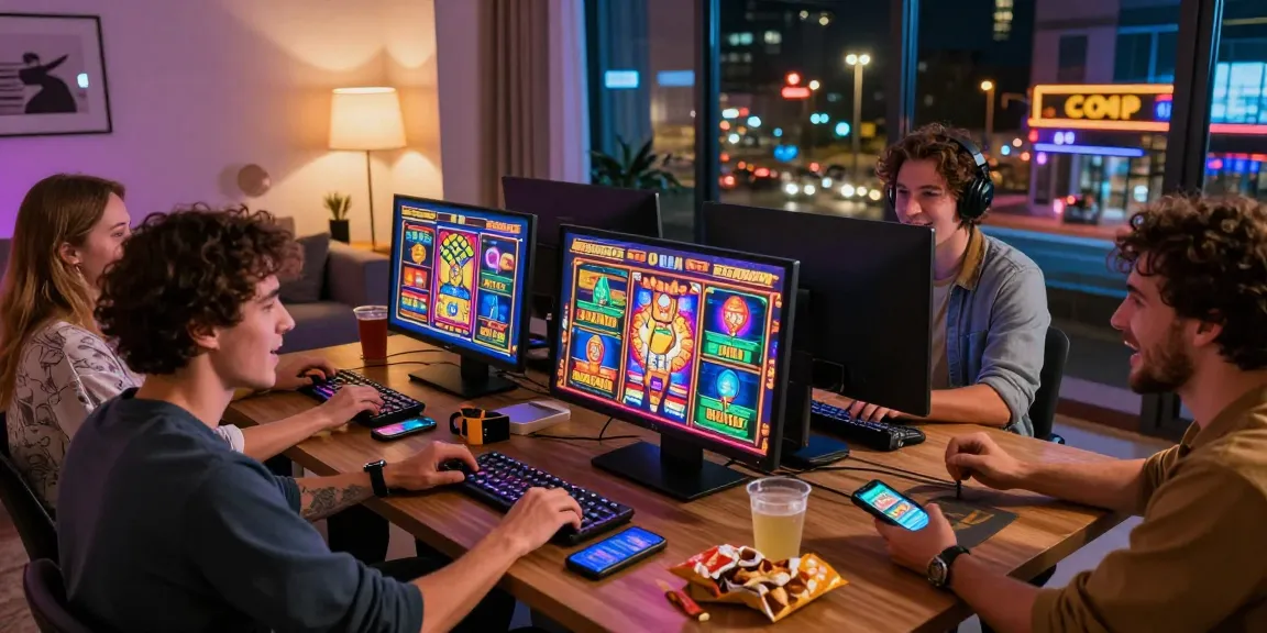 Excitant groupe appréciant des jeux de casino en ligne dans un cadre domestique confortable avec des couleurs vibrantes et un décor moderne.