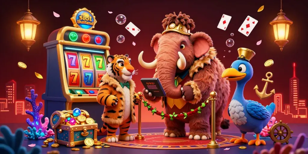 Engage with slot thailand in this vibrant cartoon bouncer illustration featuring exciting casino elements.