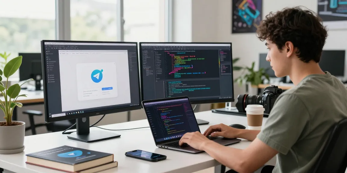 Developer installing Telegram Chinese apk on multiple screens in a modern tech workspace.