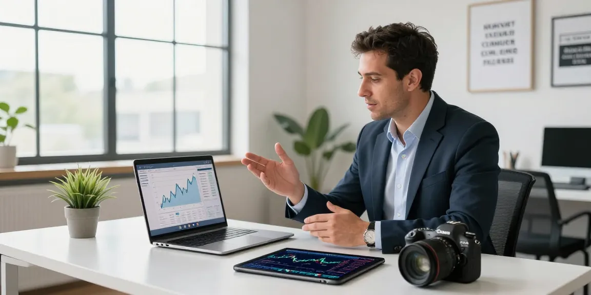 Nathan Garries on a video call, showcasing financial graphs and strategies in a bright office.
