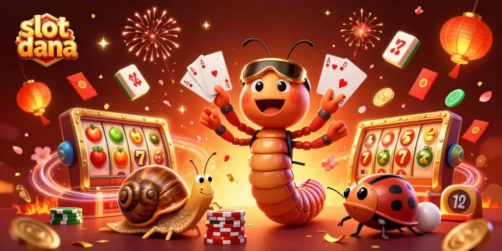 Menampilkan slot dana dengan dealer kartun dan simbol buah, menciptakan suasana kasino yang meriah.