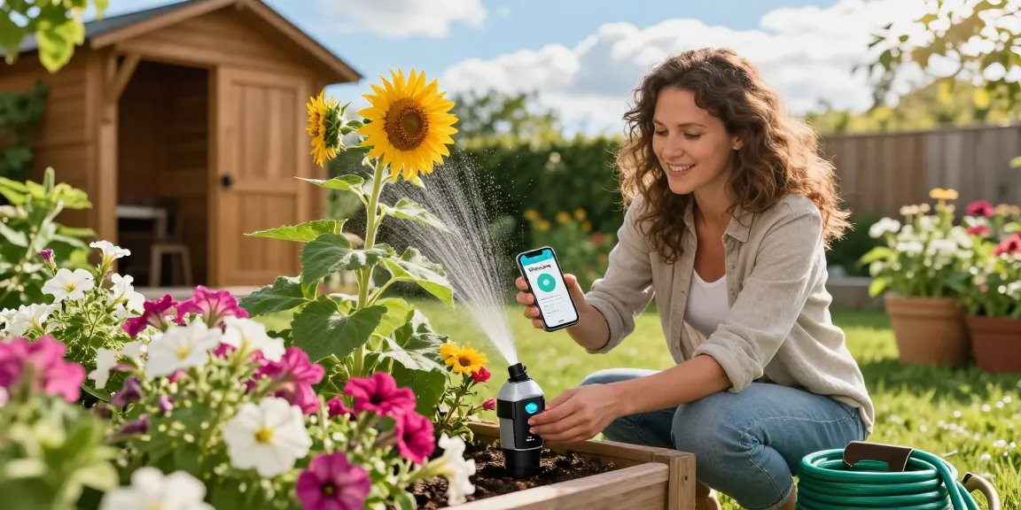Homeowner using the RainPoint WiFi water timer to manage a vibrant garden efficiently.