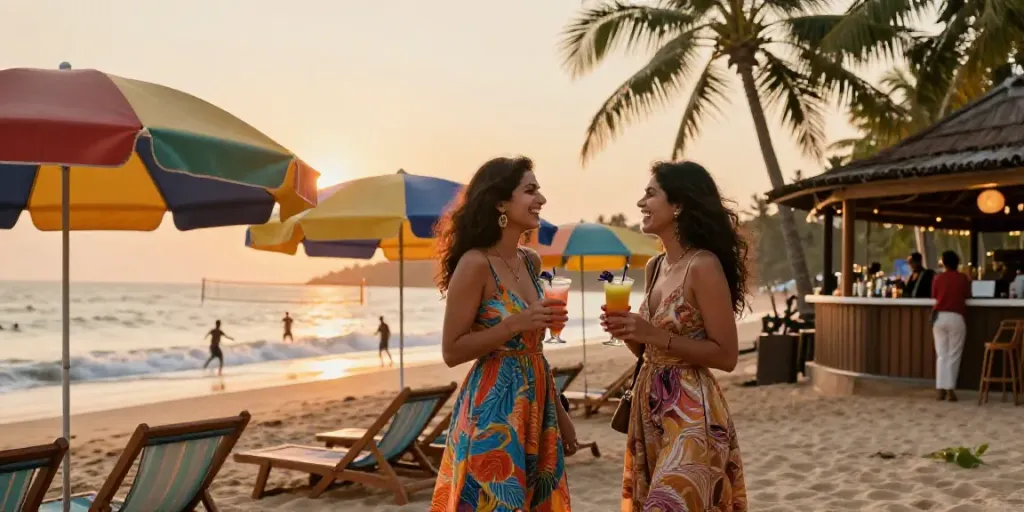 Goa call girls enjoying a lively beach sunset with vibrant atmosphere.