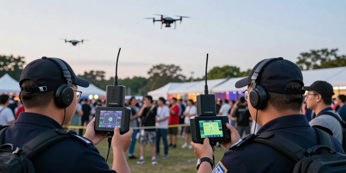 Security team using anti drone jammer at crowded event for safety.