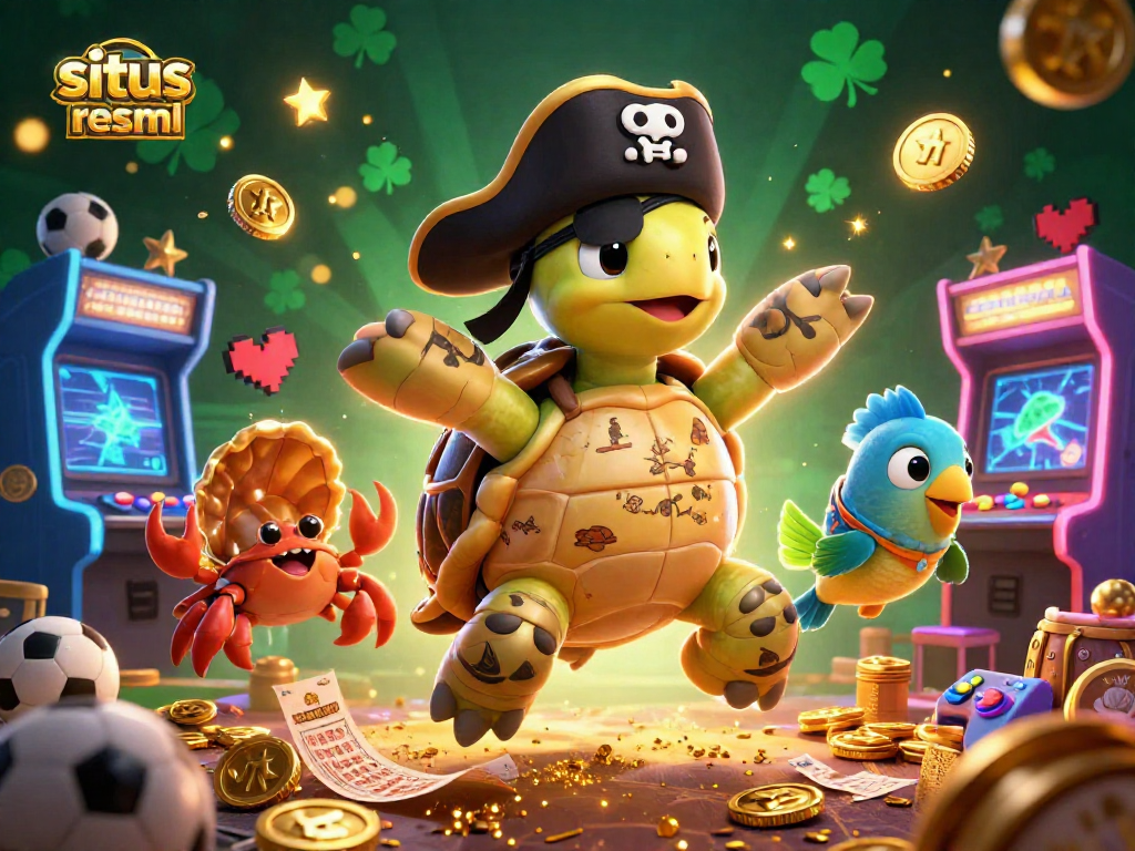 Engage with situs resmi as a vibrant sports betting scene unfolds, highlighting a pirate turtle and friends surrounded by dynamic betting elements.