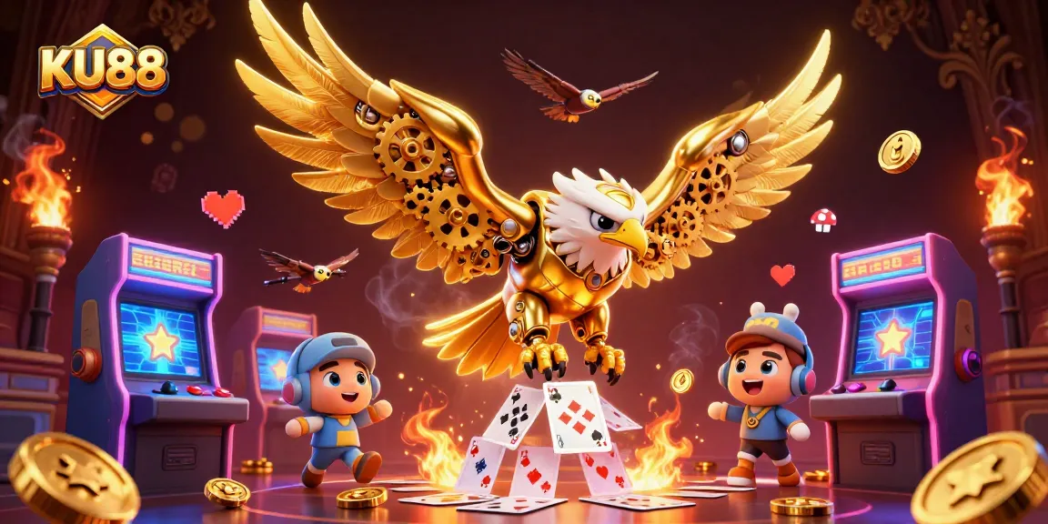 Experience thrilling casino action in KU88 with a cybernetic eagle amidst holographic cards and arcade elements.
