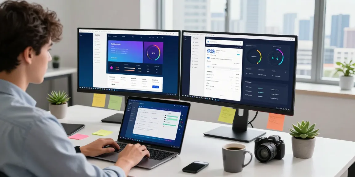 快连 application performance analytics displayed on dual monitors in a modern office workspace.