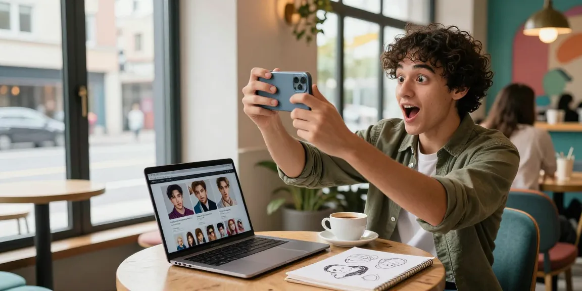 Person excitedly discovering celebrities that look alike while taking a selfie in trendy café setting.