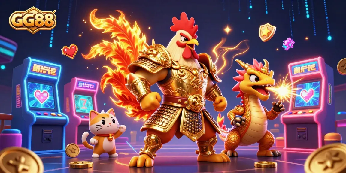 Experience the excitement of GG88 with a dynamic scene featuring a rooster warrior, dragon hatchling, and fortune cat amidst colorful gaming elements.