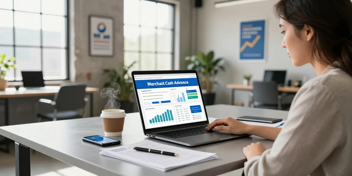 Business owner seeking an instant merchant cash advance in a modern office, laptop open with financial applications.