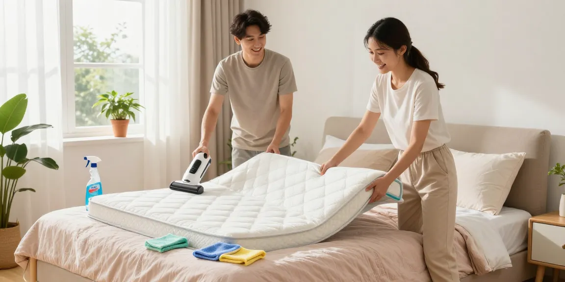 Couple engaging in mattress deep cleaning, showcasing clean bedding, sunlight, and fresh energy in the bedroom.