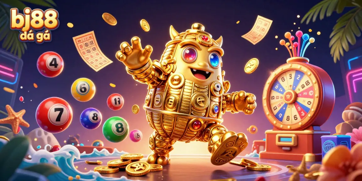 Experience the thrill of bj88 đá gà with engaging elements like golden golems and lottery balls in a dynamic scene.