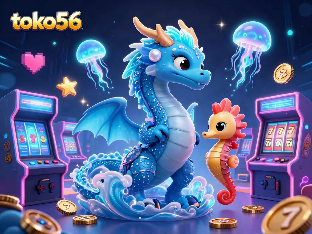 Permainan casino menarik dan kemenangan di toko56 dengan naga dan ikan seahorse berkilau.