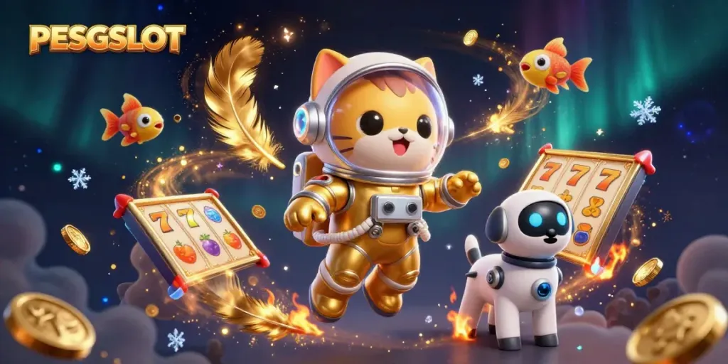 Jelajahi dunia PESGSLOT dengan karakter kucing astronaut dan anjing robot di latar belakang slot menarik.