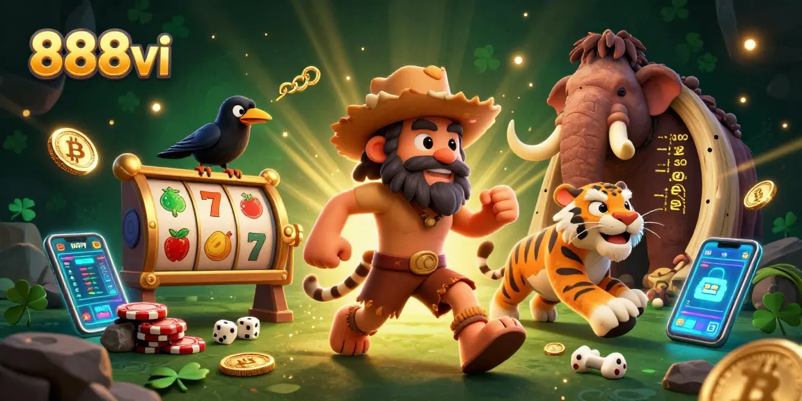 Experience the excitement of 888vi with a lively prehistoric casino scene featuring vibrant characters and crypto elements.