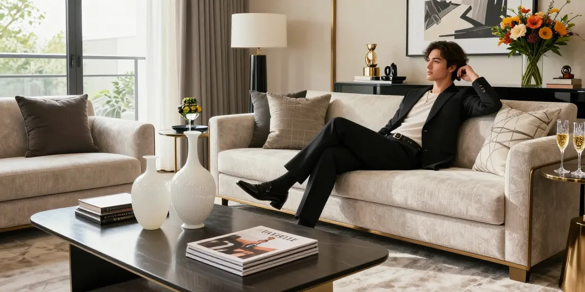 Interior ruang tamu mewah dengan elemen luxury111, sofa desainer dan pencahayaan alami.