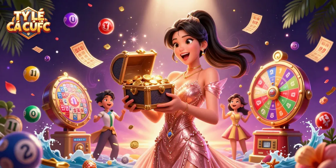 Experience the thrill of TỶ LỆ CÁ CƯỢC with vibrant lottery balls and an overflowing treasure chest.