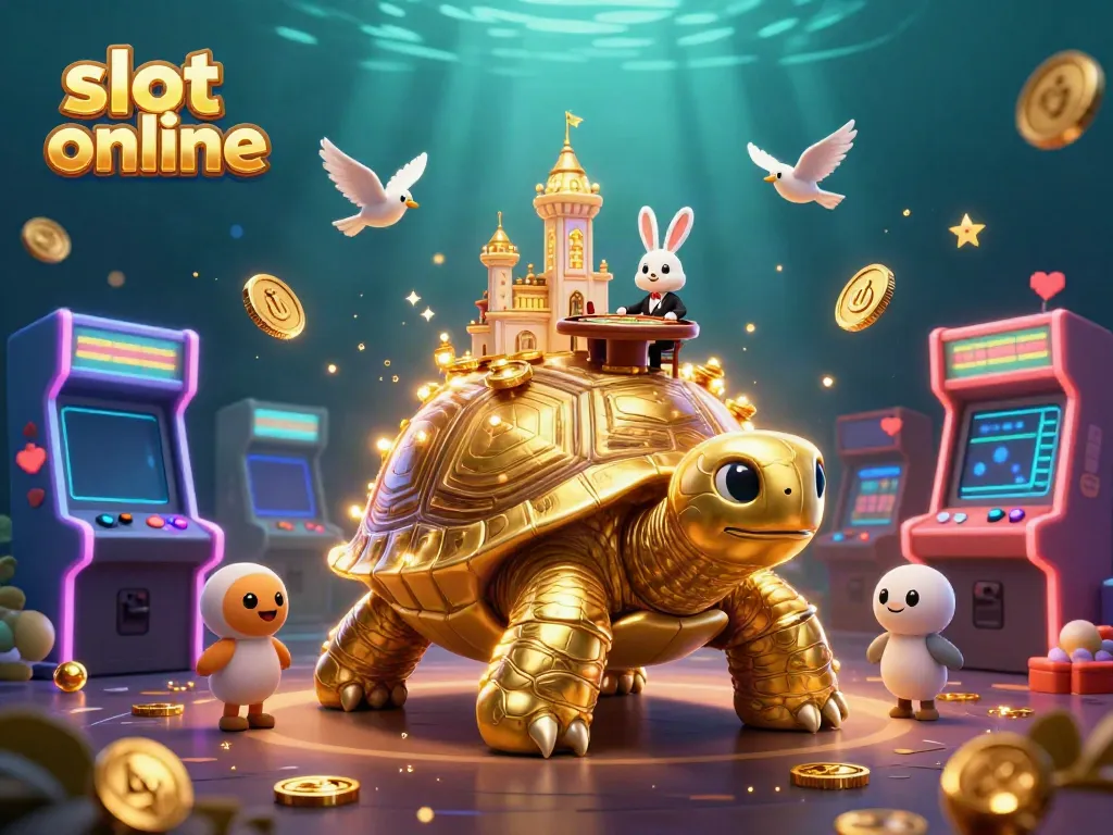 Experience exciting slot online gaming with a cartoon golden tortoise palace and vibrant casino elements.