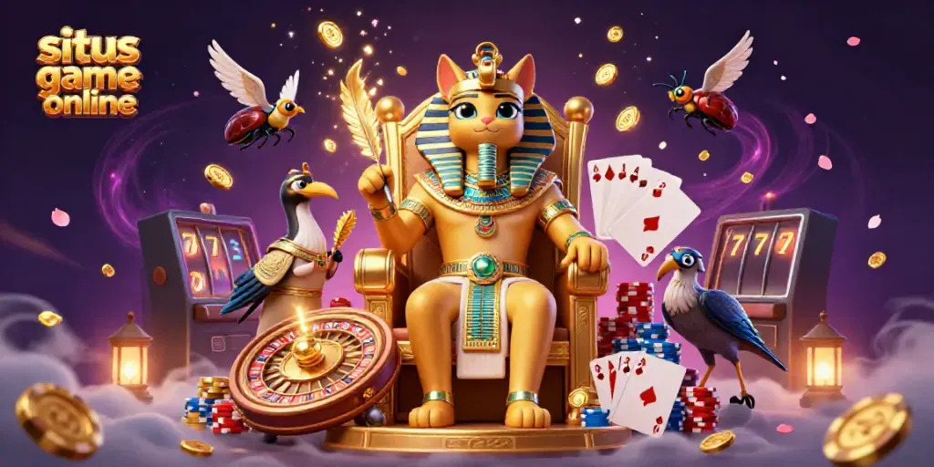 Experience the excitement of situs game online with vibrant casino elements and characters in a dynamic illustration.