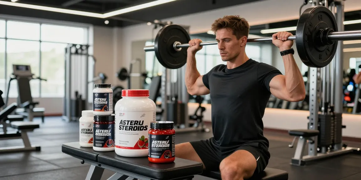 Astera Steroids Shop products showcased by an athlete lifting weights in a modern gym.