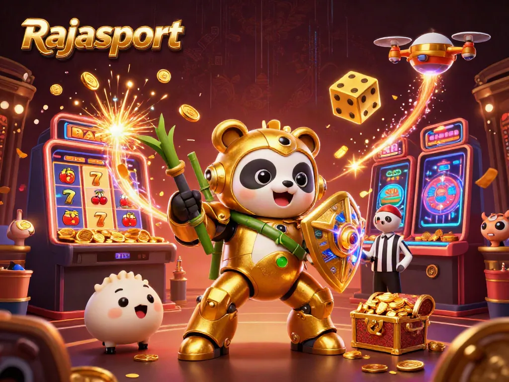 Rajasport menghadirkan aksi pertandingan kasino seru dengan karakter panda emas di panggung kasino yang dinamis.