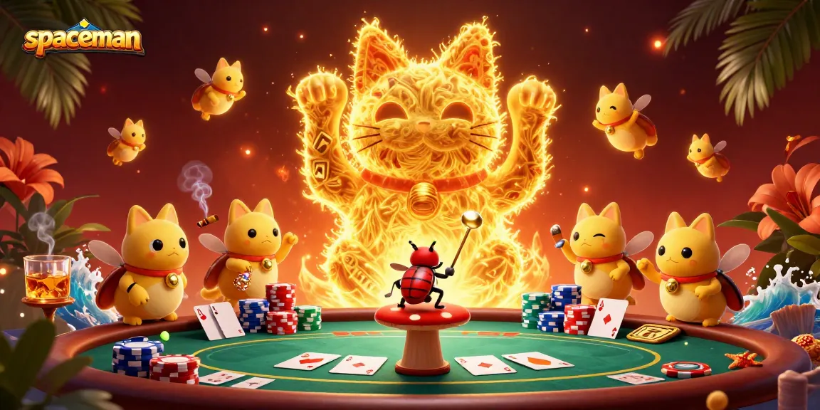 Spin the reels with Spaceman as golden fireflies create a lucky cat in a vibrant casino scene.
