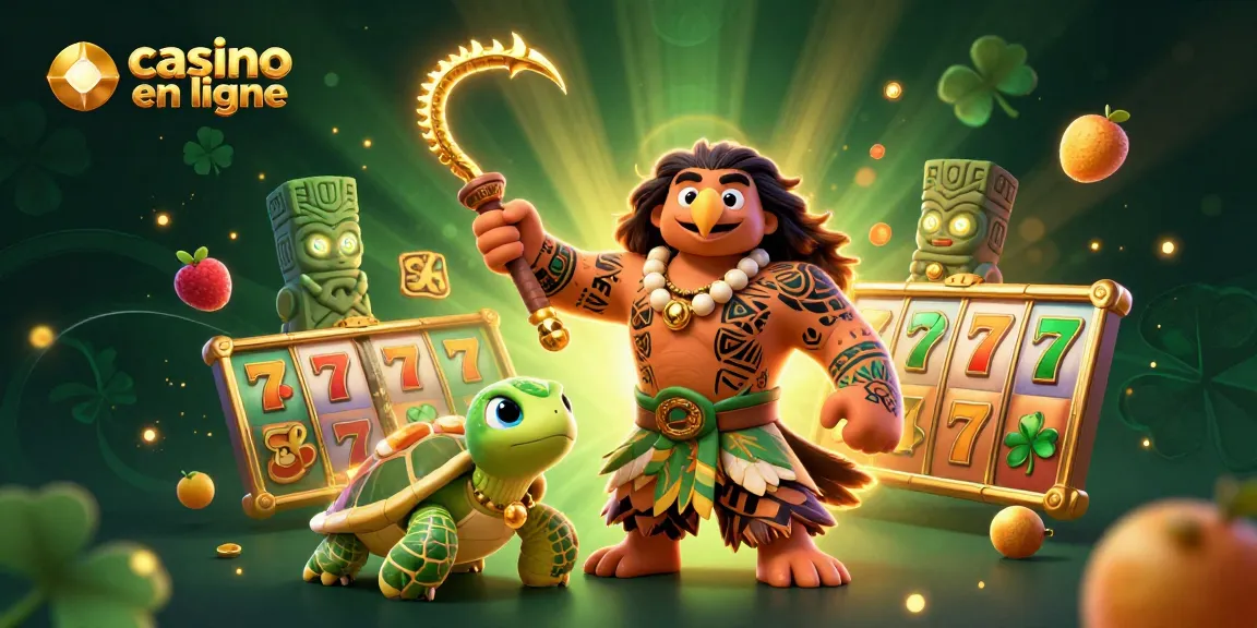 Casino en ligne avec un dieu polynésien et des machines à sous floues illuminées pour le jeu.
