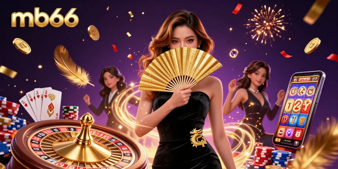 Engage in exhilarating gameplay with mb66, featuring a mesmerizing scene of casino bliss, golden coins, and roulette.