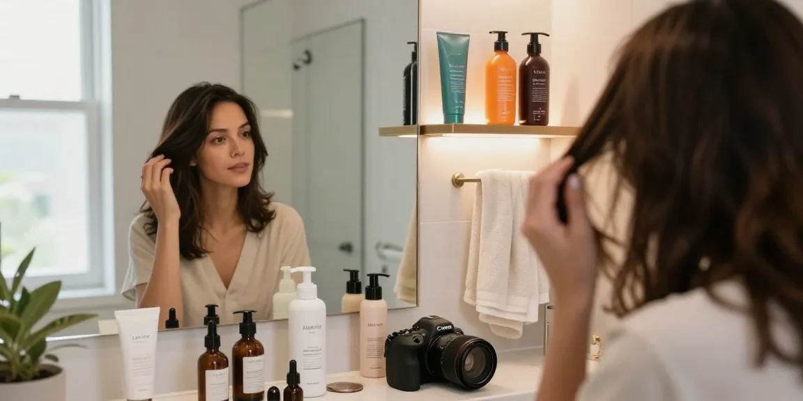 Woman applying بودرة تكثيف الشعر in a modern bathroom surrounded by beauty products and natural light.
