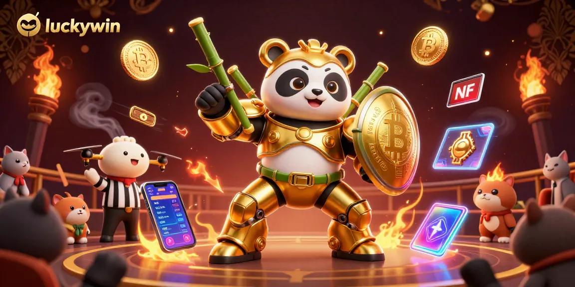 Luckywin showcases thrilling 3D cartoon action with a mech-suit panda battling in a vibrant casino arena.