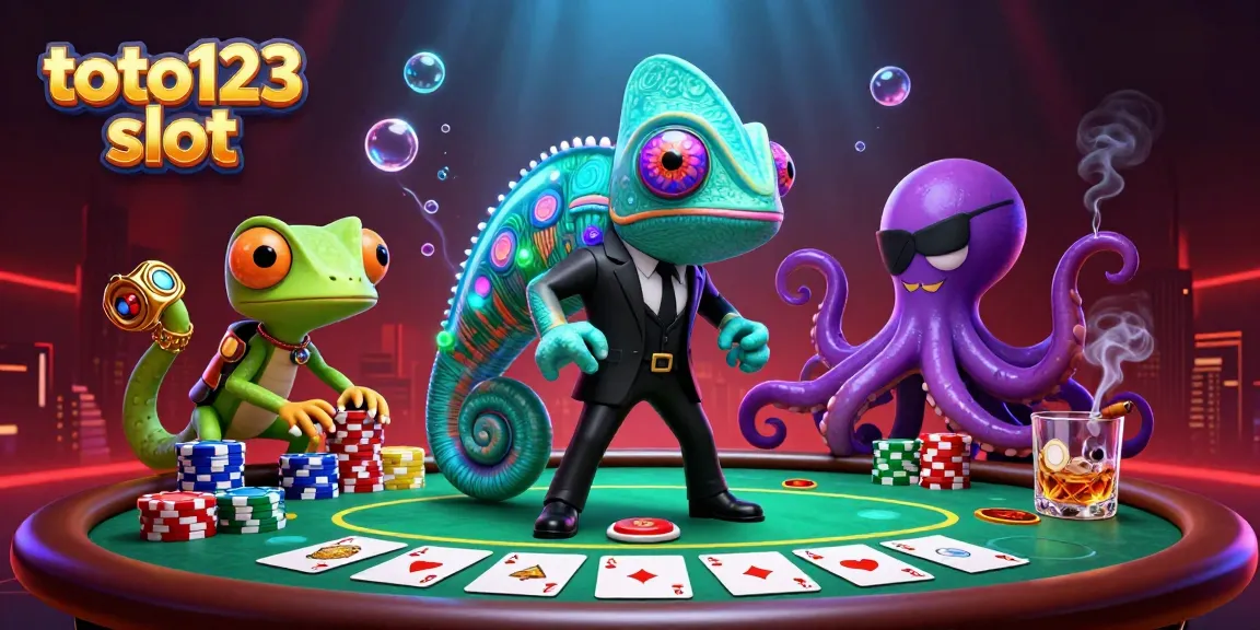 Engage with the thrilling world of toto123 slot, featuring colorful casino elements and animated characters.