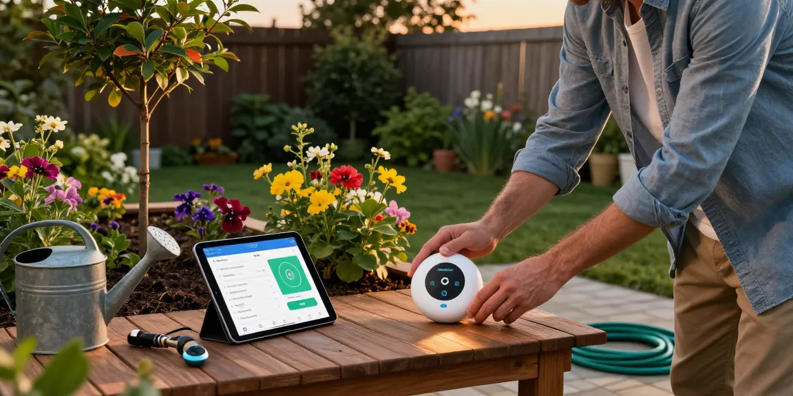 Homeowner using RainPoint WiFi water timer in vibrant garden to automate watering.