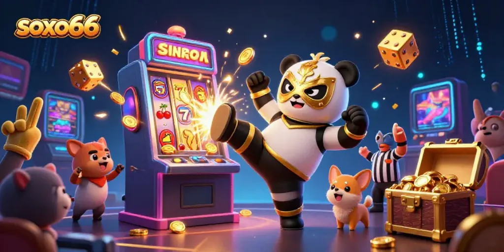 Experience thrilling gameplay at soxo66 with this vibrant slot machine and lively animal crowd.