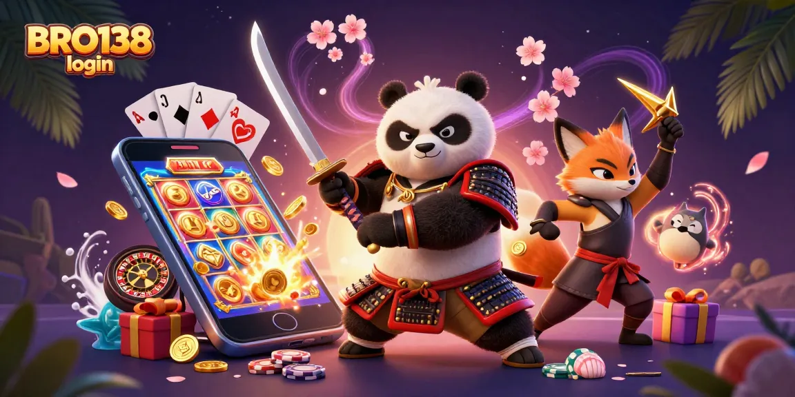 Engage with BRO138 login for thrilling slot gaming amidst vibrant characters and dynamic casino elements.