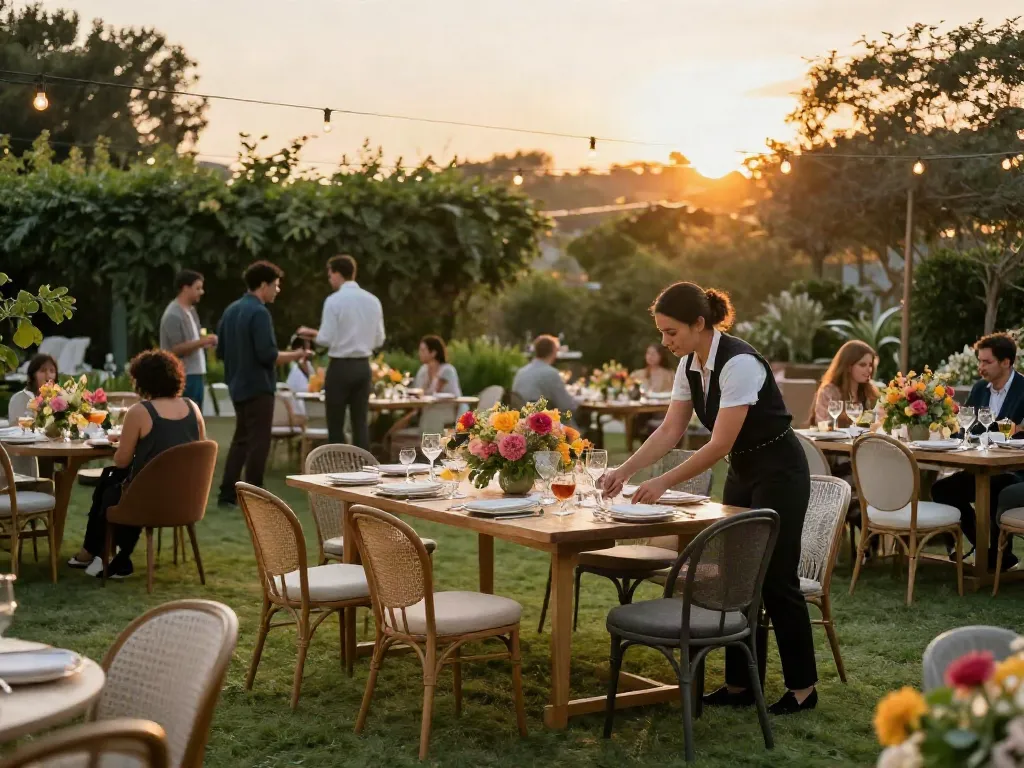 Event furniture rental showcasing stylish seating arrangements for an elegant outdoor gathering, with a professional event planner adjusting table settings.