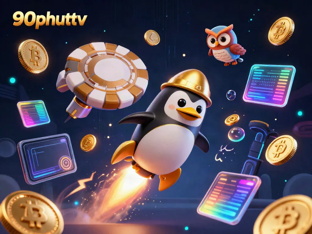 Experience immersive action with 90phuttv as the penguin blasts through a vibrant cosmic casino scene.