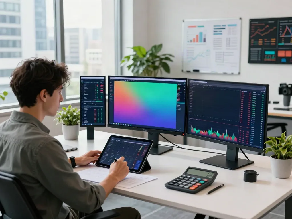 Financial analyst using TradingView charts in a modern office workspace.