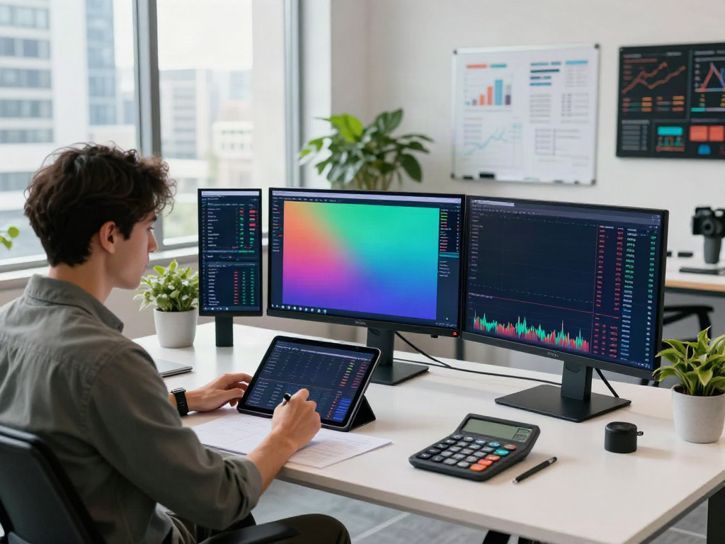 Financial analyst using TradingView charts in a modern office workspace.