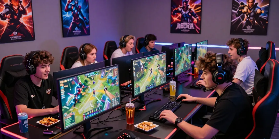 Group of gamers engaged in tambakbet 2026 gaming session surrounded by high-tech setups and vibrant visuals.