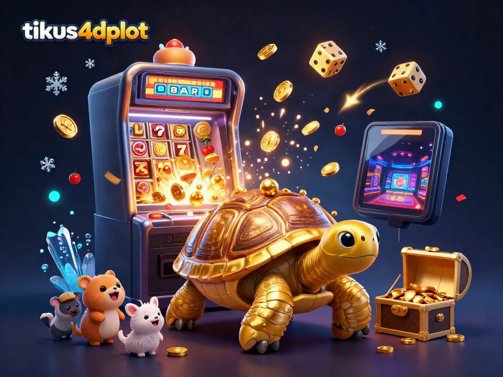 Experience the excitement of tikus4dslot with a dynamic scene of a golden tortoise slot machine surrounded by vibrant casino elements.