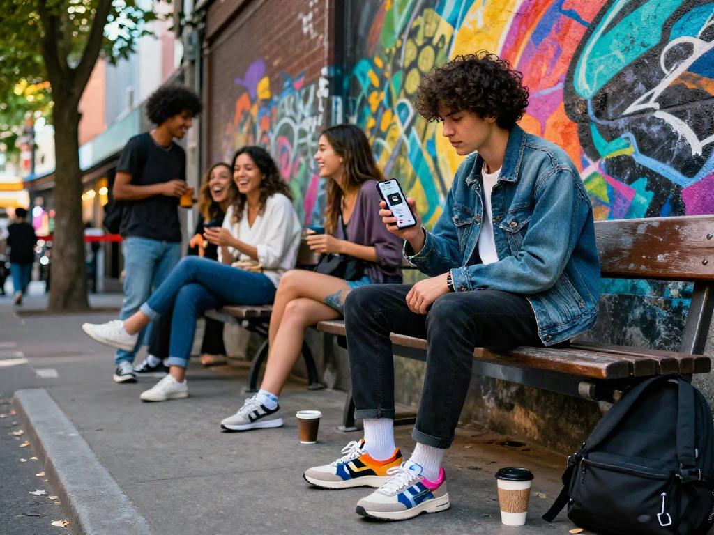 How old do I look? Young adult using an age estimation app in an urban setting.