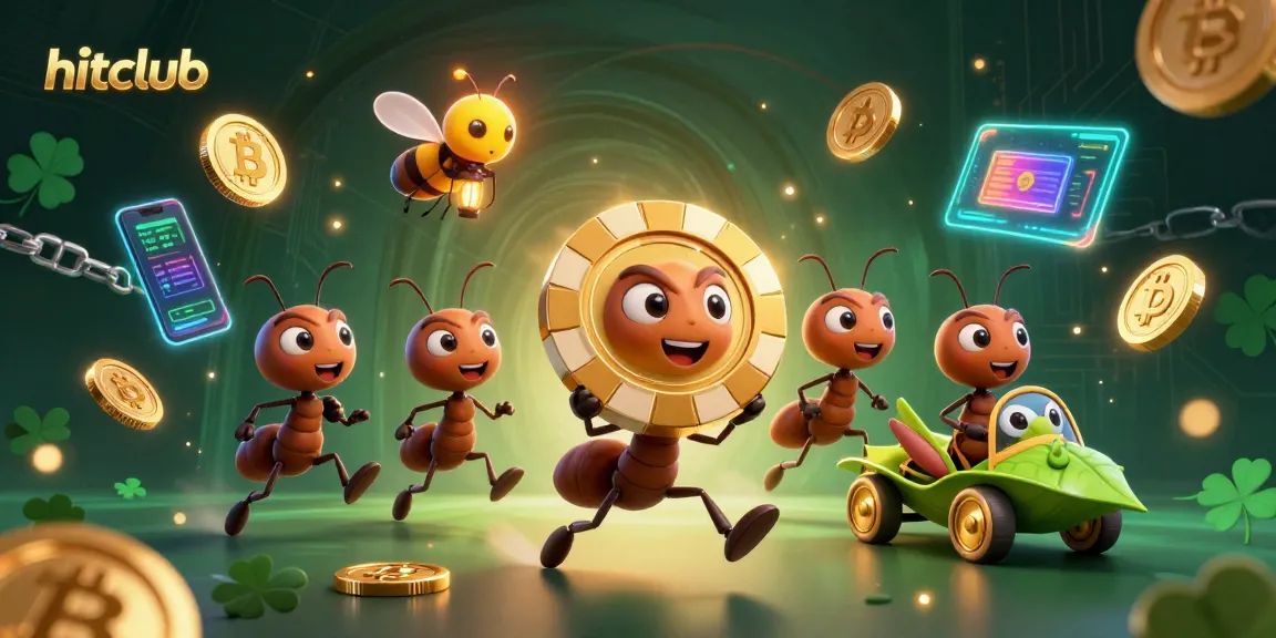 Engage with hitclub as ants steal a giant poker chip amid vibrant cryptocurrency elements.